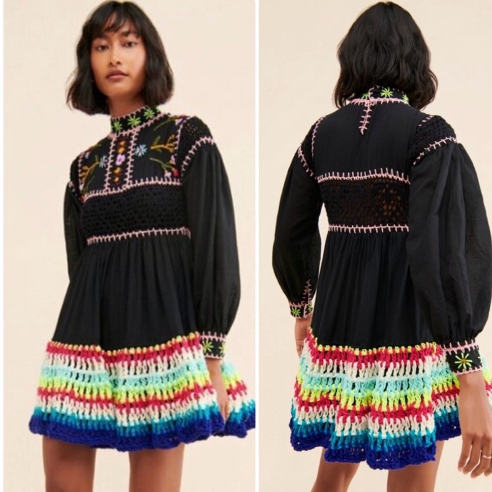 Colorful Crochet Trim Black Dress